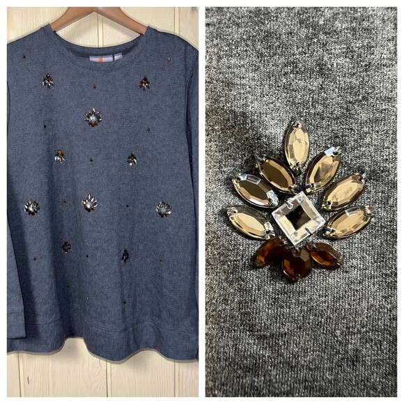 Quacker Factory Sweatshirt Top Womens Large Rhinestones Embellished Gems New QVC - Picture 1 of 11